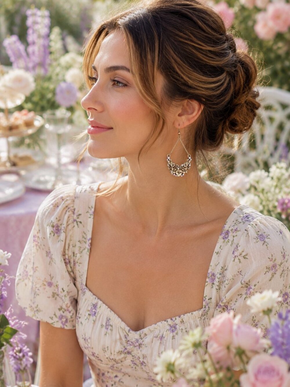 Floral Statement Earrings | Lavender & Pearl-Toned Crystal Accents